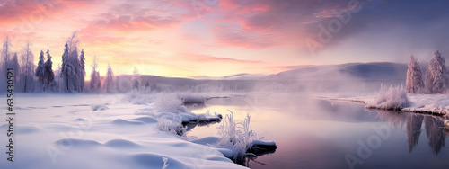 sunrise over a snowy river winter landscape