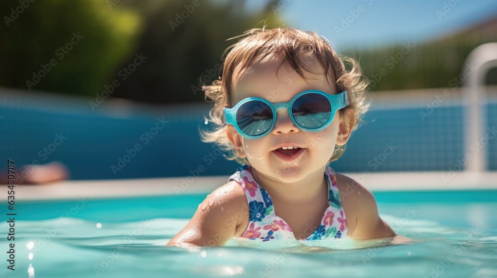 Adorable happy smiling little girl in the pool created with Generative AI technology