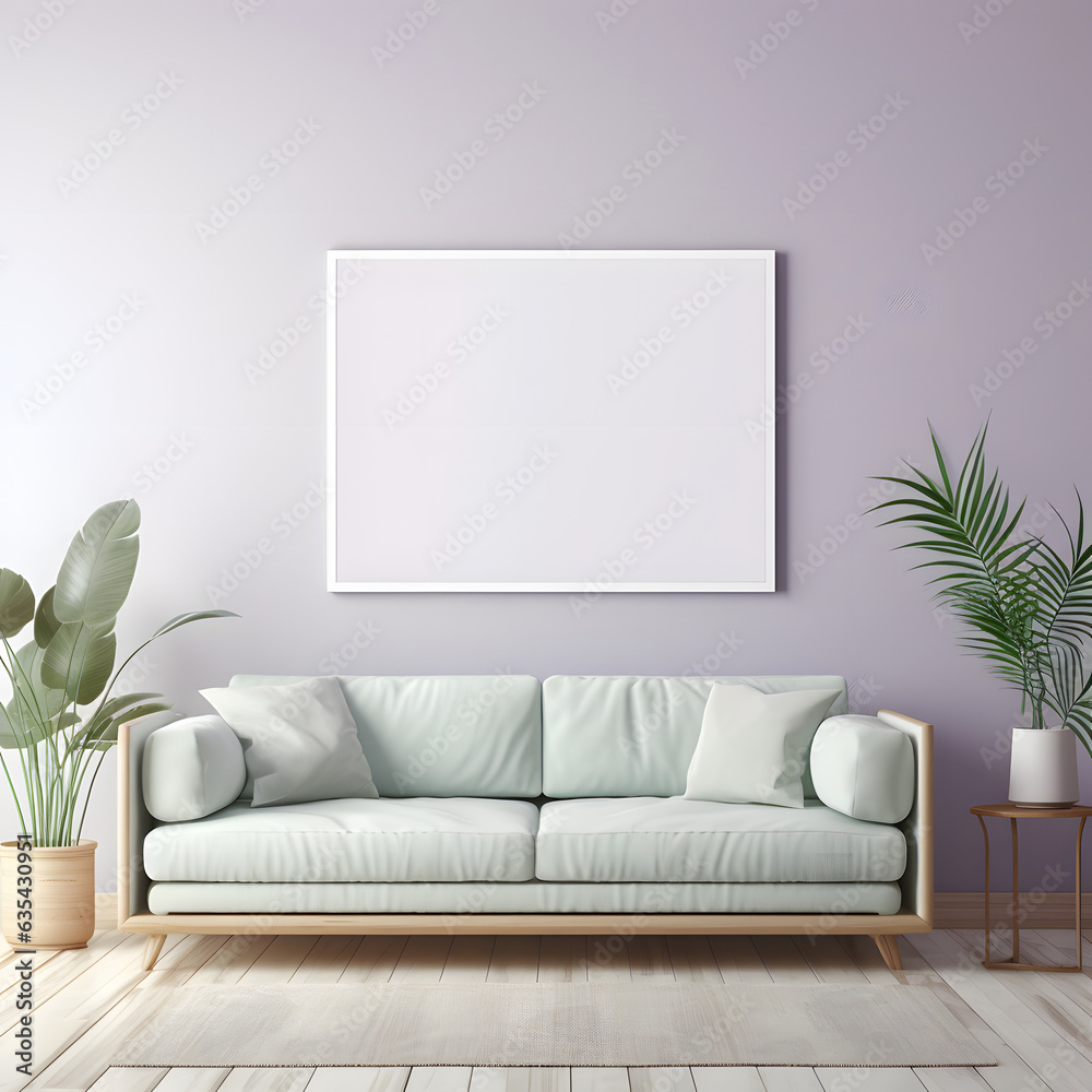 Fototapeta premium Mock up poster frame with sofa in interior living room and purple wall