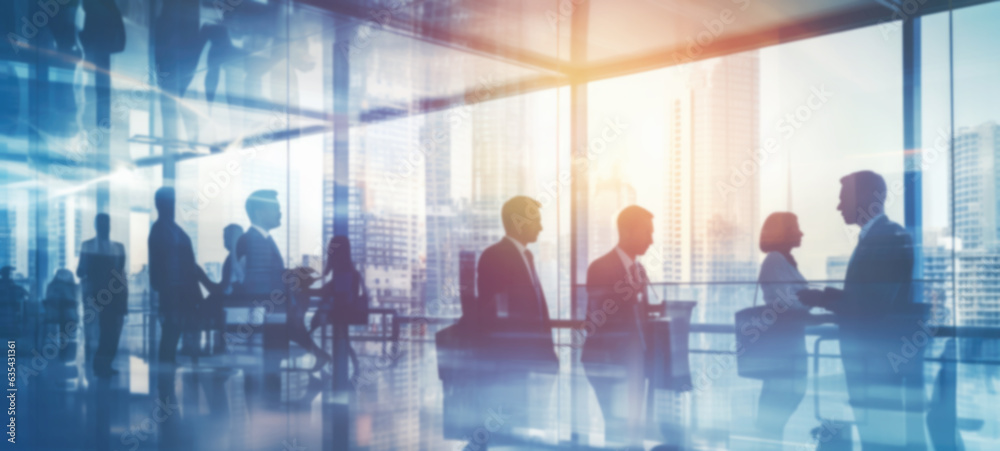 Silhouettes of business people communicating and walking over in white glass office background modern cityscape background. Business lifestyle, Toned image double exposure, blurred