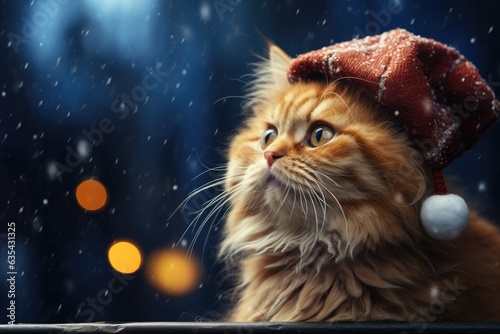 fluffy cat dressed as Santa Claus, sitting on a windowsill adorned