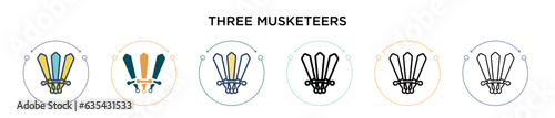 Three musketeers icon in filled, thin line, outline and stroke style. Vector illustration of two colored and black three musketeers vector icons designs can be used for mobile, ui, web