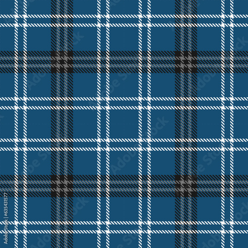 Plaid Tartan Seamless Pattern Background In Blue Black White. Checkered fabric texture for flannel shirt, skirt, blanket, throw.
