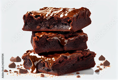 A stack of 3 delicious chocolate brownies isolated,  White background, clipart, slice of cake with chocolate Ai generated image 