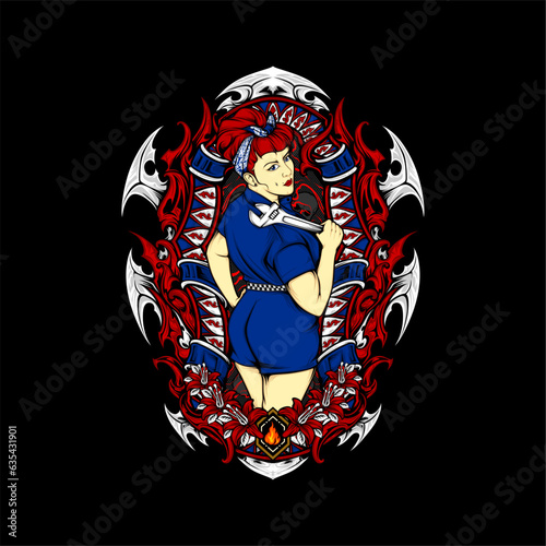 garage girl with rockabilly fashion illustration with awesome background