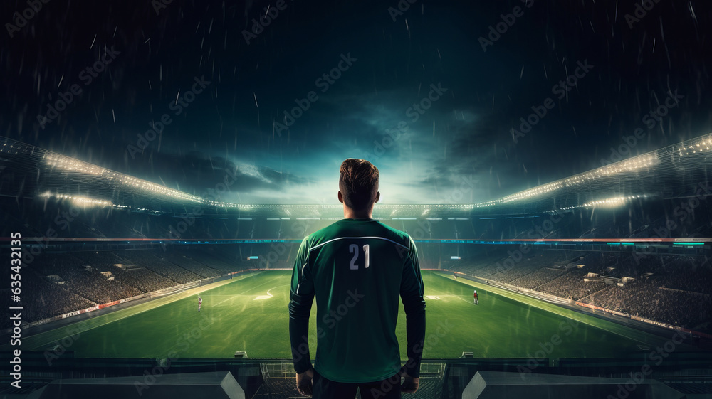 Rear view football player or soccer fan with hands raised for cheering football team in stadium, Football Match Championship, world cup, Raising Hands to cheer. Professional Footballer, Generative AI