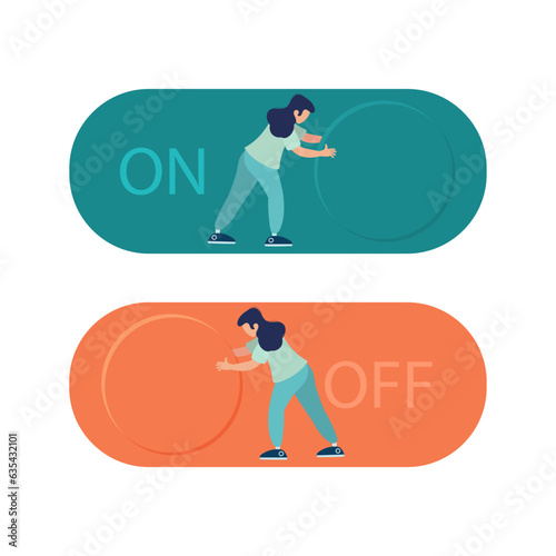 Business activities and starting or canceling a project. Symbol of management, success, leadership. The girl pushes the button. Vector flat style illustration.
