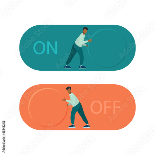 Business activities and starting or canceling a project. Symbol of management, success, leadership. The guy pushes the button. Vector flat style illustration.
