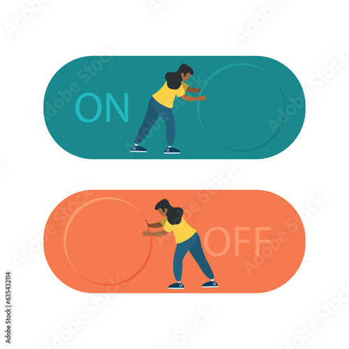 Business activities and starting or canceling a project. Symbol of management, success, leadership. The girl pushes the button. Vector flat style illustration.
