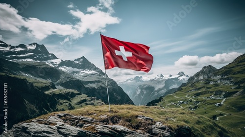 Waving flag of Schwitzerland in the alps made with Ai generative technology