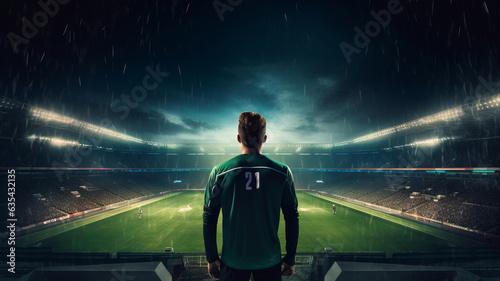 Obraz na płótnie Rear view football player or soccer fan with hands raised for cheering football team in stadium, Football Match Championship, world cup, Raising Hands to cheer. Professional Footballer, Generative AI w salonie