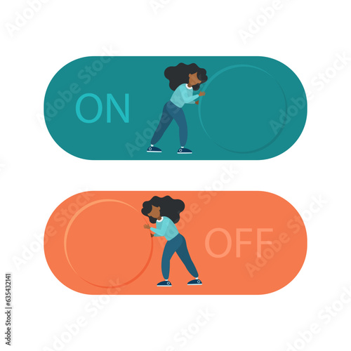 Business activities and starting or canceling a project. Symbol of management, success, leadership. The girl pushes the button. Vector flat style illustration.
