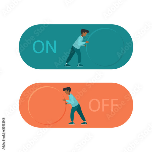 Business activities and starting or canceling a project. Symbol of management, success, leadership. The guy pushes the button. Vector flat style illustration.
