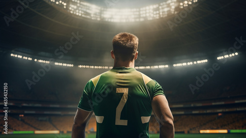 Rear view football player or soccer fan with hands raised for cheering football team in stadium,  Football Match Championship, world cup, Raising Hands to cheer. Professional Footballer, Generative AI © THANANIT