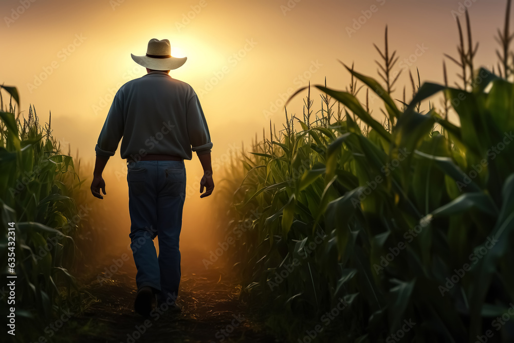 Farmer walking in corn field at sunset