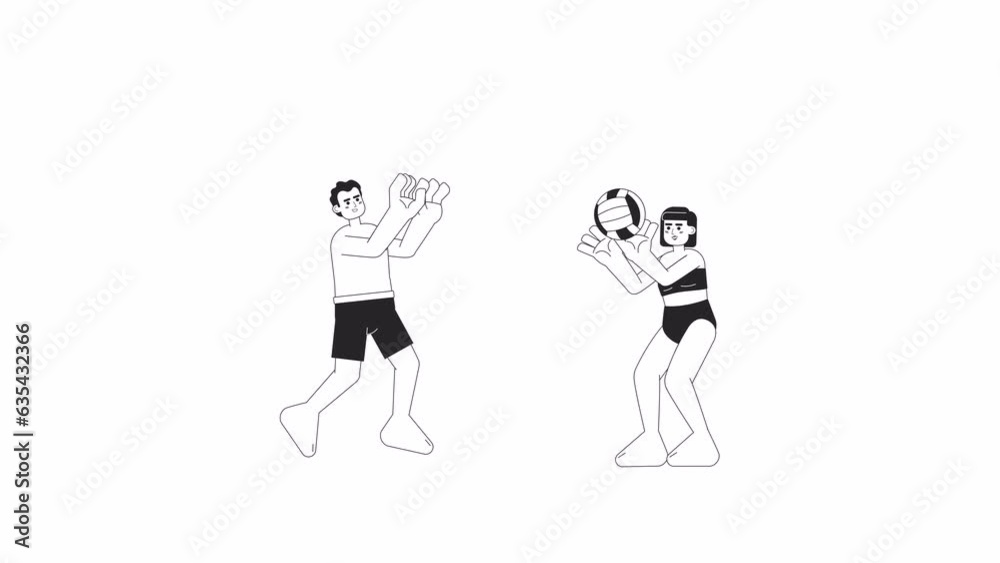 People playing volleyball bw 2D characters animation. Friends beach day outline cartoon 4K video, alpha channel. Hispanic man throwing ball to asian woman animated people isolated on white background