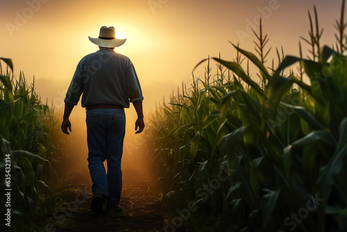 Farmer walking in corn field at sunset