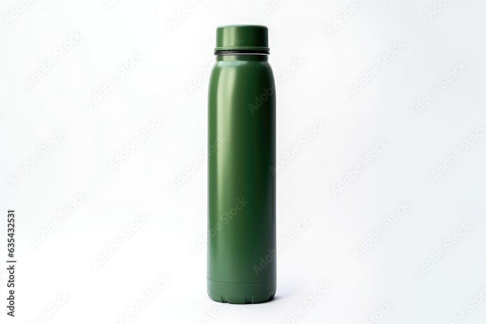 Green stainless steel thermos bottle on white background Green stainless steel thermos bottle on white background