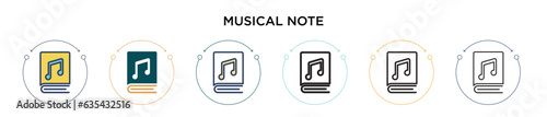 Musical note icon in filled, thin line, outline and stroke style. Vector illustration of two colored and black musical note vector icons designs can be used for mobile, ui, web