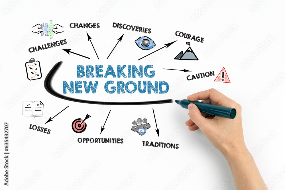 Breaking new ground Concept. Chart with keywords and icons on white background Breaking new ground Concept. Chart with keywords and icons on white background
