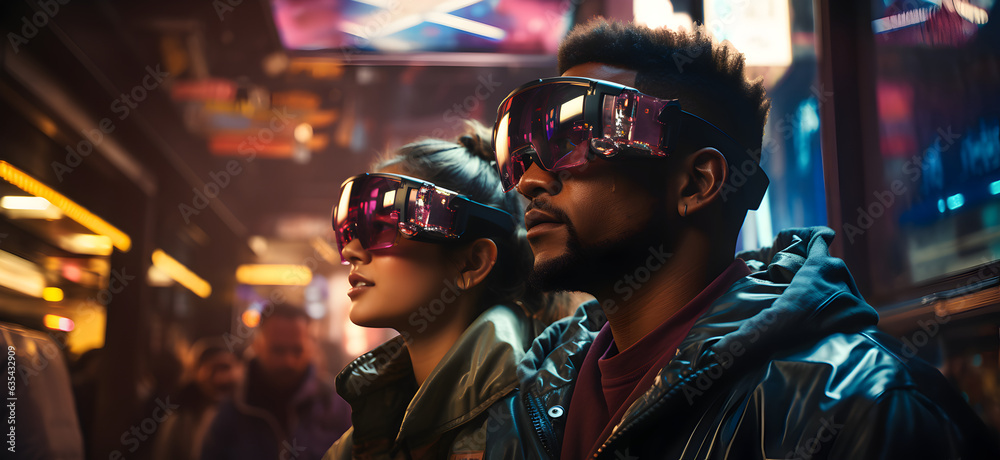 A young woman and a young man in virtual reality glasses cyberpunk background The concept of modern technologies and technologies of the future. VR glasses