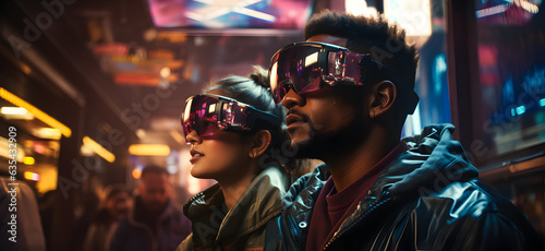 A young woman and a young man in virtual reality glasses cyberpunk background The concept of modern technologies and technologies of the future. VR glasses © kitti