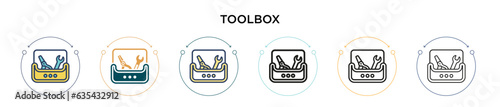 Toolbox icon in filled, thin line, outline and stroke style. Vector illustration of two colored and black toolbox vector icons designs can be used for mobile, ui, web