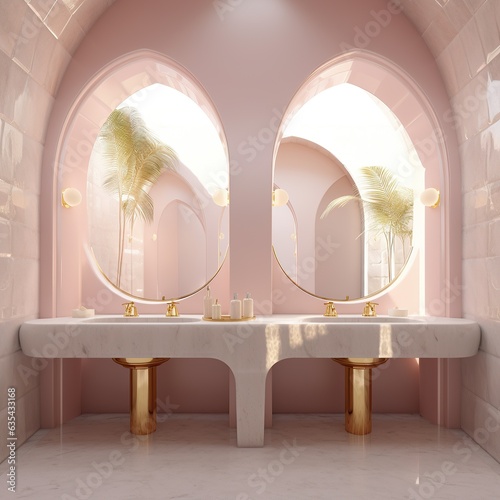 This pink-walled bathroom exudes elegance and sophistication, with two gleaming sinks nestled among stylish furniture, a reflective mirror, and a beautiful ceiling design that complements the stunnin photo