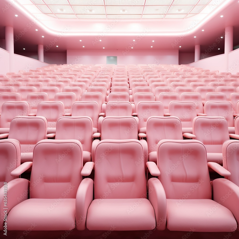 Obraz premium A grand auditorium with plush pink chairs beckons, inviting visitors to relax and enjoy the cinematic experience of the timeless walls that surround them