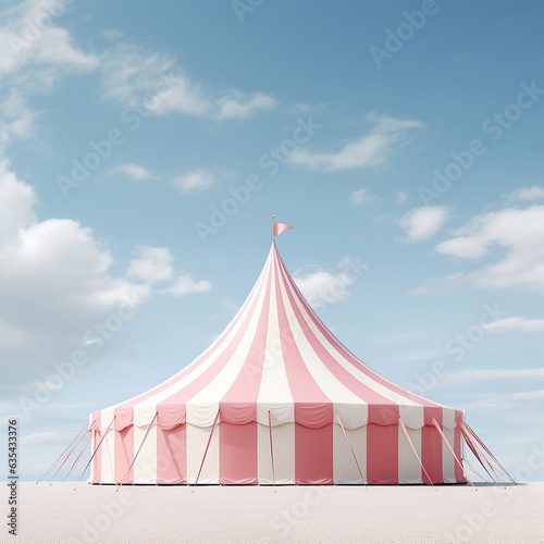 On a sunny day, a bright pink and white striped tent stands proudly against a cloudless sky, beckoning adventurers to explore the beach and the wild outdoors beneath its shelter