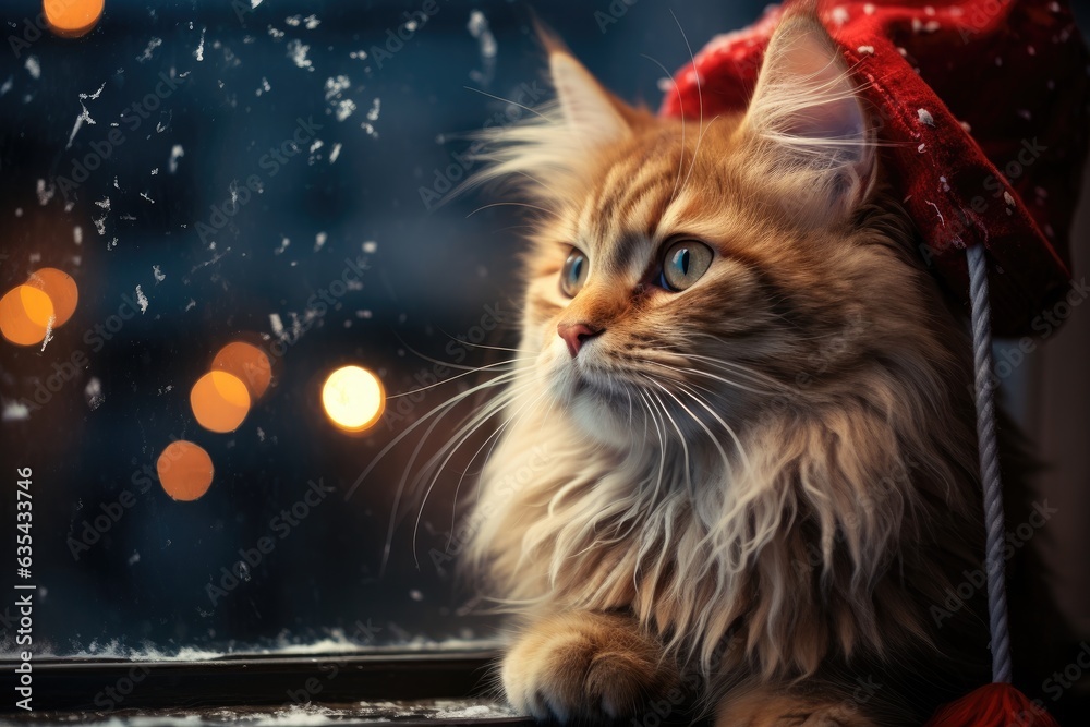 fluffy cat dressed as Santa Claus, sitting on a windowsill adorned