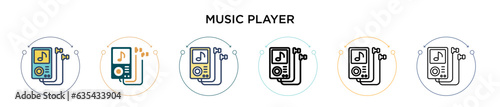 Music player icon in filled, thin line, outline and stroke style. Vector illustration of two colored and black music player vector icons designs can be used for mobile, ui, web