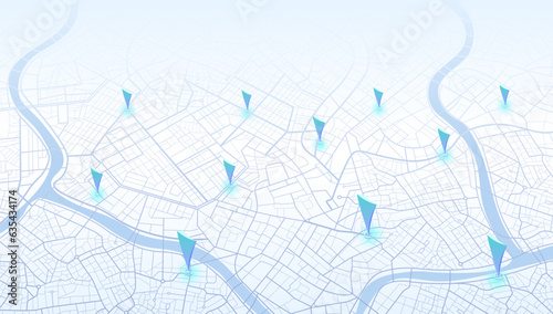 Multiple destinations, points Vector, iIsometric modern abstract map, perspective GPS navigator screen with street road, location. City top view. Colorful pines, geometric element, Online navigation.