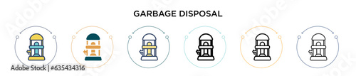 Garbage disposal icon in filled, thin line, outline and stroke style. Vector illustration of two colored and black garbage disposal vector icons designs can be used for mobile, ui, web