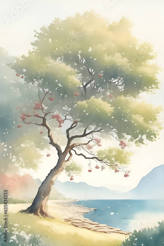 tree on the beach - Watercolor Landscape wall art - Generative AI © Magic