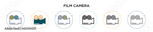 Film camera icon in filled, thin line, outline and stroke style. Vector illustration of two colored and black film camera vector icons designs can be used for mobile, ui, web