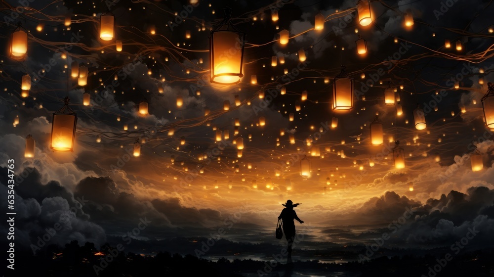 Lanterns of Lost Souls. A night sky filled with lanterns, each representing a lost soul seeking its way home. Generative AI