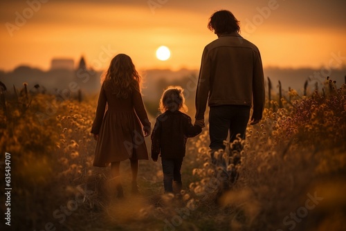 Joyful family together in the field at sunset, Generative Ai