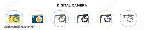 Digital camera icon in filled, thin line, outline and stroke style. Vector illustration of two colored and black digital camera vector icons designs can be used for mobile, ui, web