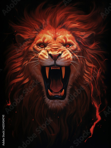 Image of a roaring lion's head surrounded by flames. AI Generated Images photo