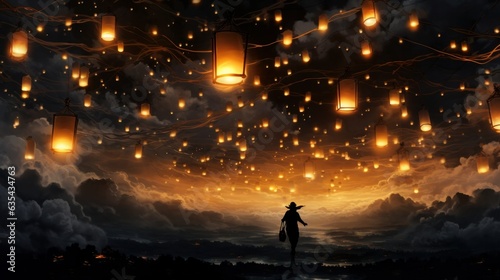 Lanterns of Lost Souls. A night sky filled with lanterns, each representing a lost soul seeking its way home. Generative AI