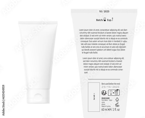 White plastic tube with sample text mockup. Vector illustration isolated on white background. Can be use for your design, advertising, promo and etc. EPS10.