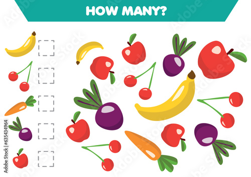Calculation for children, how many vegetables, book thinking game Math tuning Worksheet for preschoolers.