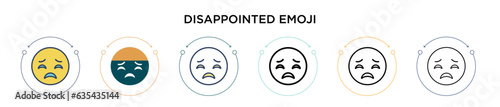 Disappointed emoji icon in filled, thin line, outline and stroke style. Vector illustration of two colored and black disappointed emoji vector icons designs can be used for mobile, ui, web