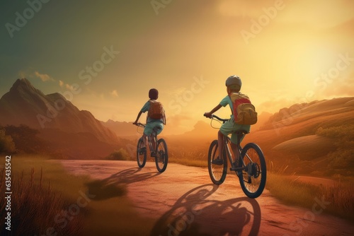 Children bicycle travel sunset. Generate Ai