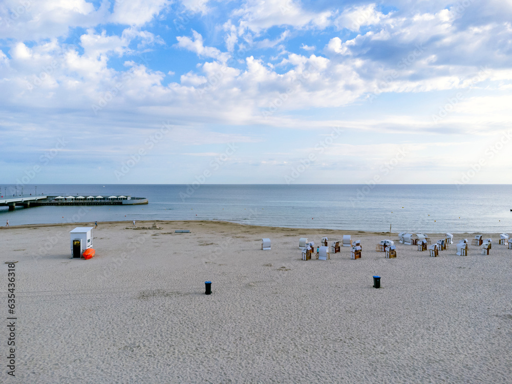 Aerial view landscape, view of the beach, sea and pier in Kolobrzeg.