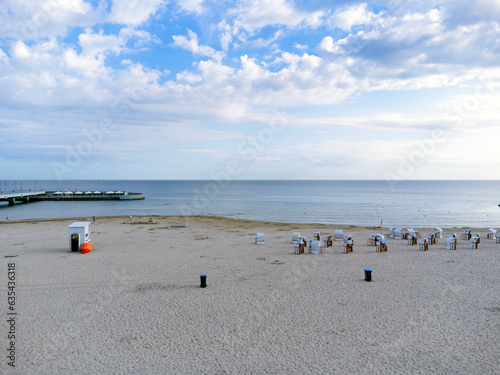 Aerial view landscape, view of the beach, sea and pier in Kolobrzeg.