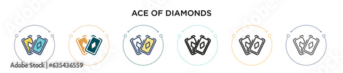 Ace of diamonds icon in filled, thin line, outline and stroke style. Vector illustration of two colored and black ace of diamonds vector icons designs can be used for mobile, ui, web