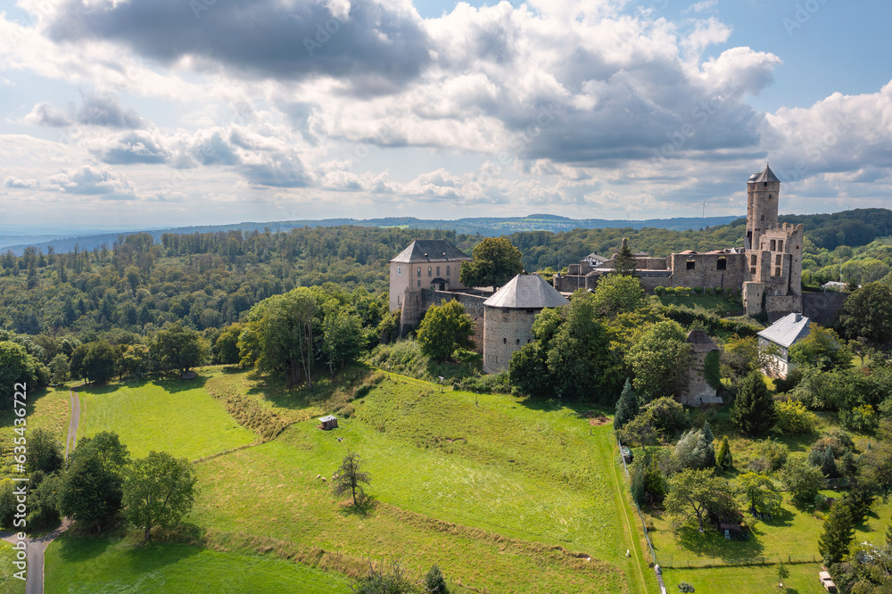 Aerial view of Greifenstein Castle near the village of the same name in eastern Westerwald/Germany