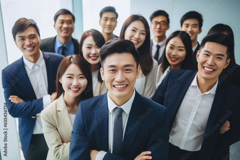 An accomplished Asian business team stands in a modern office, exuding confidence and camaraderie as they smile at the camera, a portrait of success and satisfaction. Generative AI. An accomplished Asian business team stands in a modern office, exuding confidence and camaraderie as they smile at the camera, a portrait of success and satisfaction. Generative AI.
